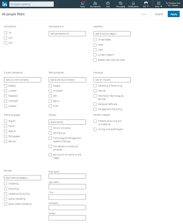 שיווק בלינקדאין - אופציות סינון מתקדמות